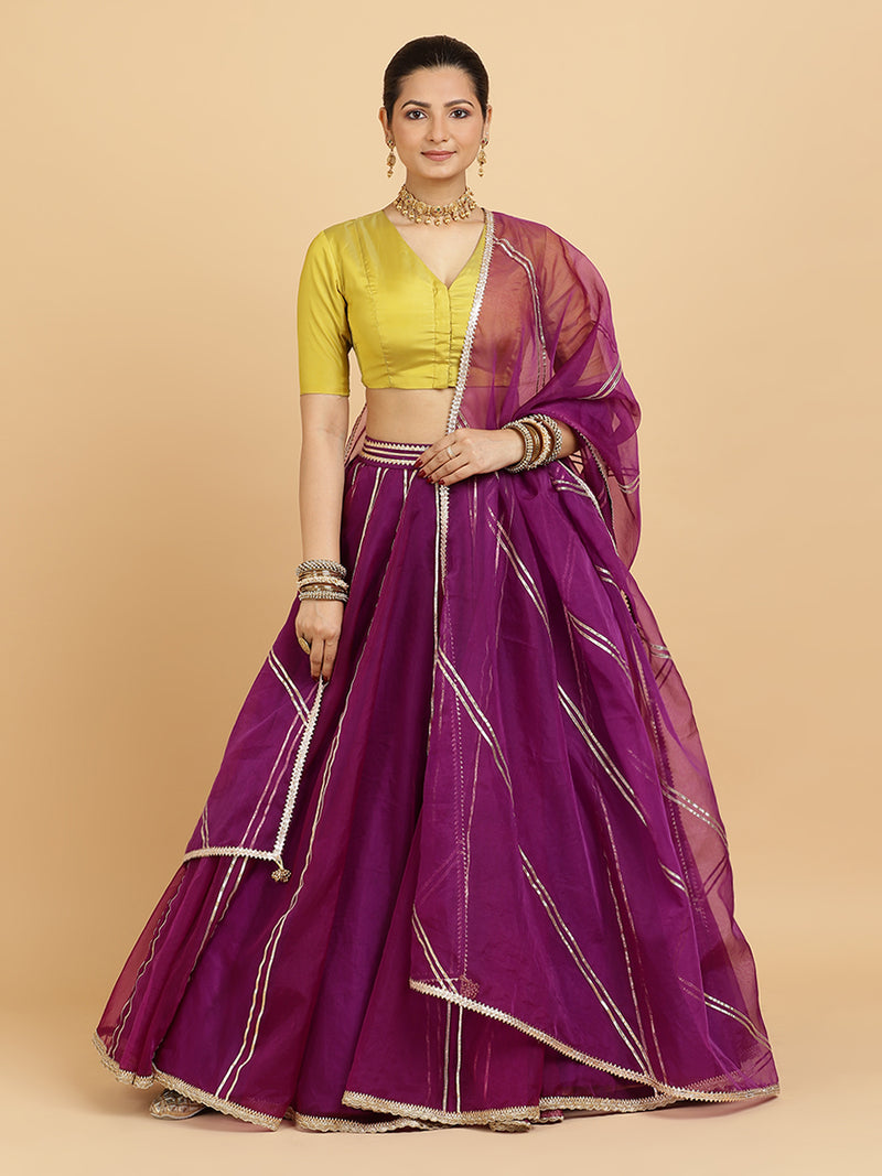 Heer Begum 4-Pc Lehenga Set x Tyohaar | Purple Lehenga, Lemon Yellow Blouse with Falak Purple Dupatta and Cancan Skirt-Binks