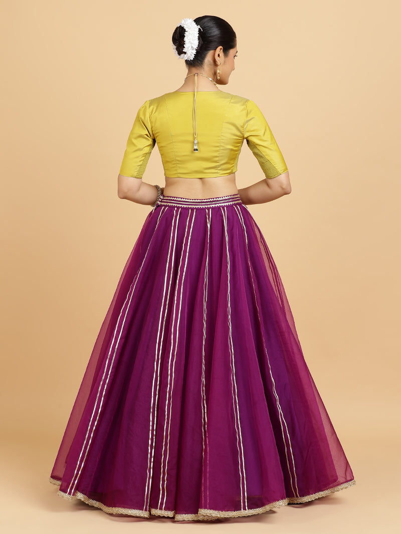 Heer Begum 4-Pc Lehenga Set x Tyohaar | Purple Lehenga, Lemon Yellow Blouse with Falak Purple Dupatta and Cancan Skirt-Binks