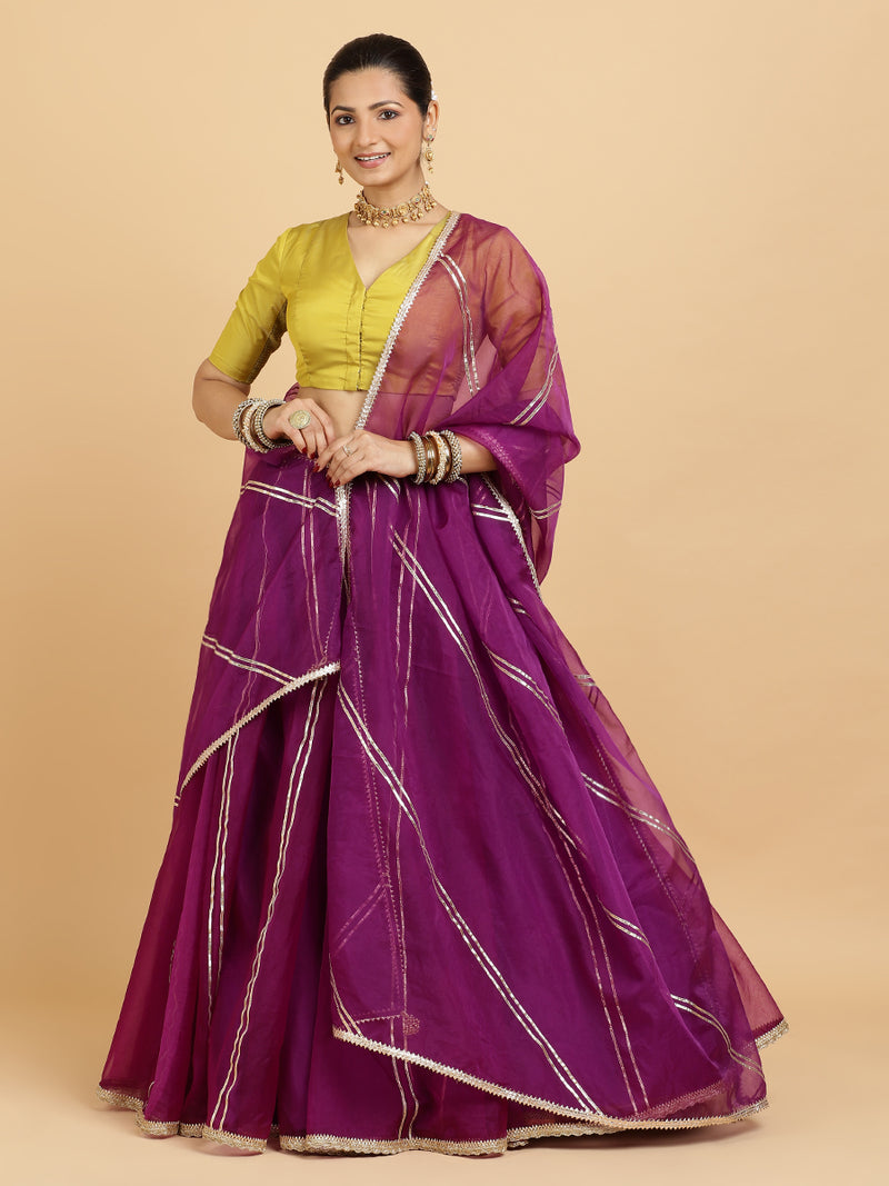 Heer Begum 4-Pc Lehenga Set x Tyohaar | Purple Lehenga, Lemon Yellow Blouse with Falak Purple Dupatta and Cancan Skirt-Binks