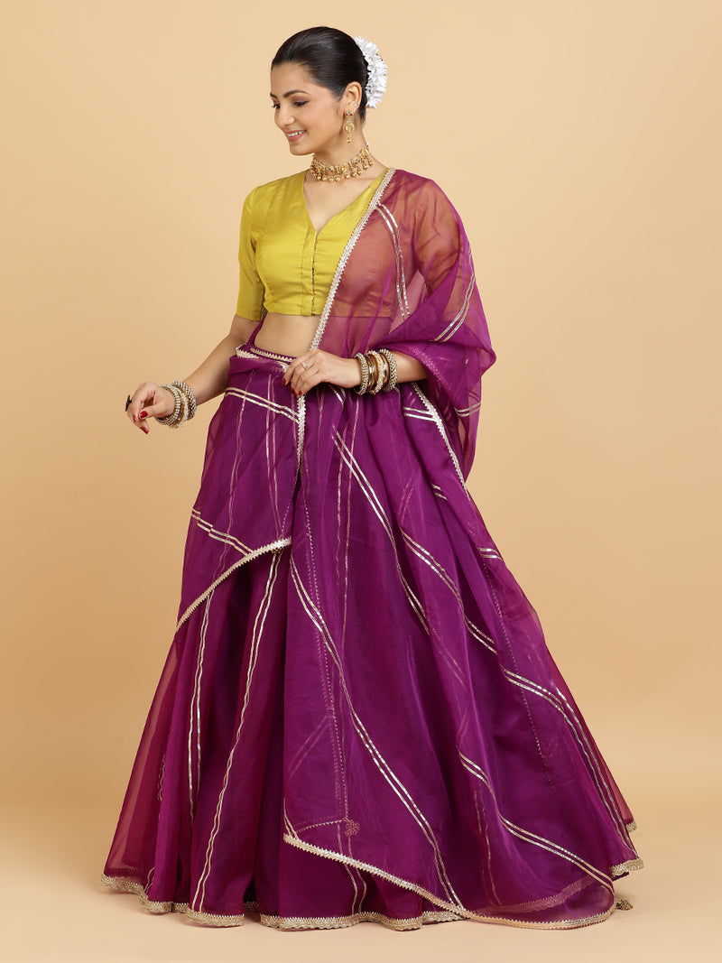 Heer Begum 4-Pc Lehenga Set x Tyohaar | Purple Lehenga, Lemon Yellow Blouse with Falak Purple Dupatta and Cancan Skirt-Binks