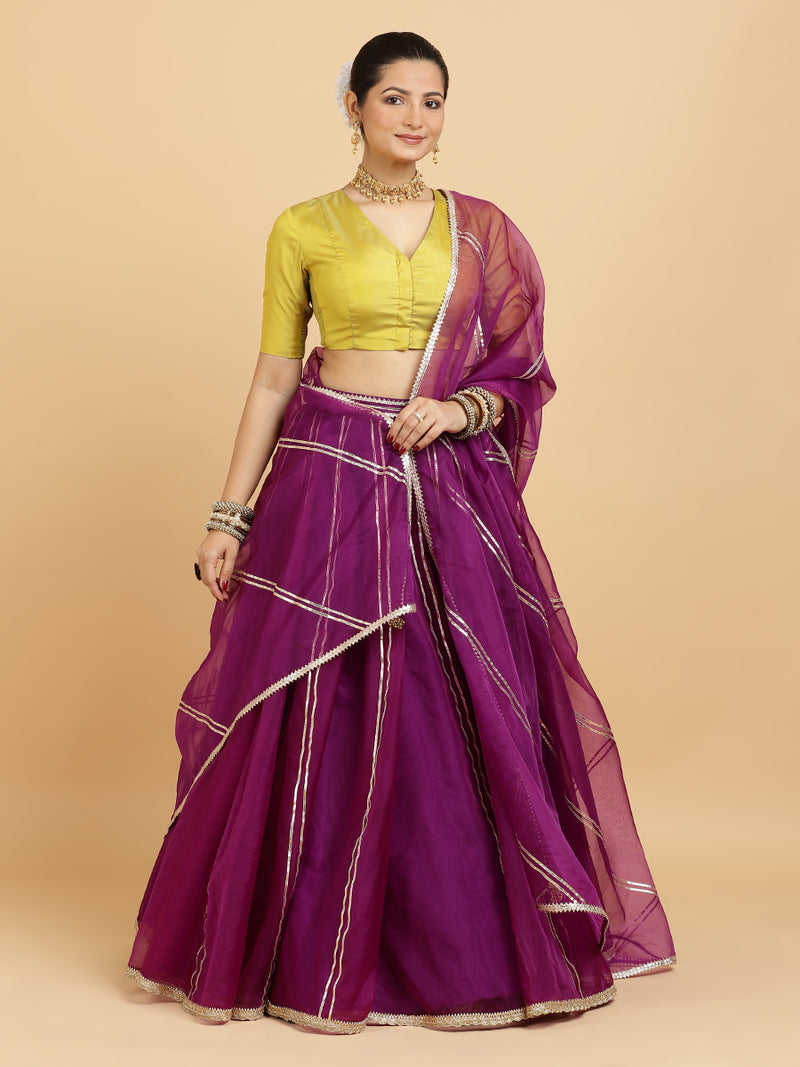 Heer Begum 4-Pc Lehenga Set x Tyohaar | Purple Lehenga, Lemon Yellow Blouse with Falak Purple Dupatta and Cancan Skirt-Binks