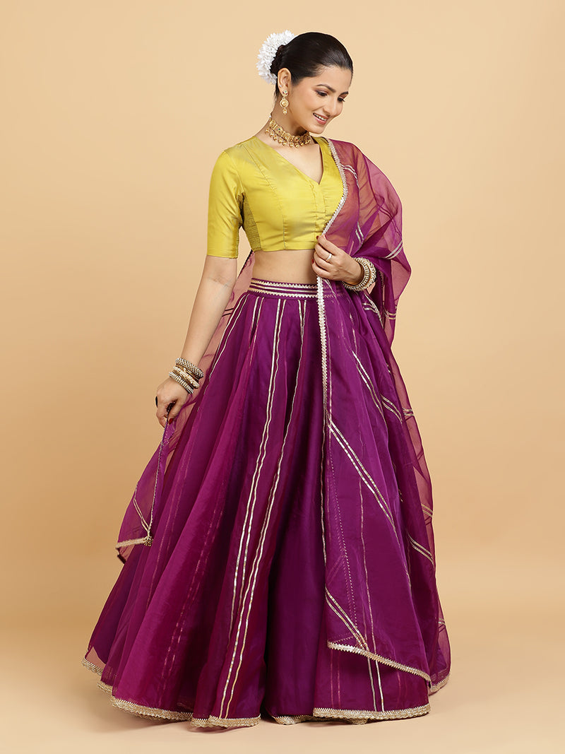 Heer Begum 4-Pc Lehenga Set x Tyohaar | Purple Lehenga, Lemon Yellow Blouse with Falak Purple Dupatta and Cancan Skirt-Binks
