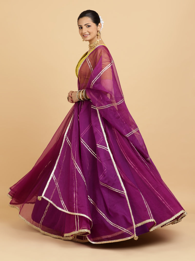 Heer Begum 4-Pc Lehenga Set x Tyohaar | Purple Lehenga, Lemon Yellow Blouse with Falak Purple Dupatta and Cancan Skirt-Binks