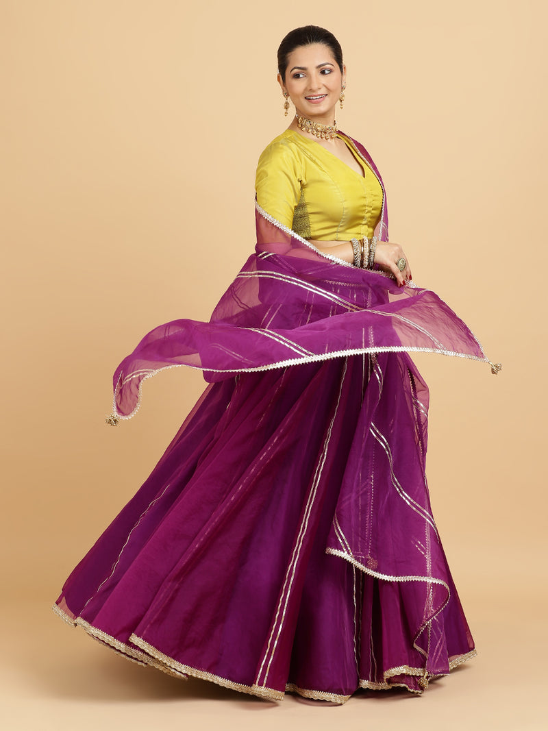 Heer Begum 4-Pc Lehenga Set x Tyohaar | Purple Lehenga, Lemon Yellow Blouse with Falak Purple Dupatta and Cancan Skirt-Binks