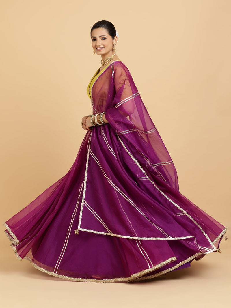 Heer Begum 4-Pc Lehenga Set x Tyohaar | Purple Lehenga, Lemon Yellow Blouse with Falak Purple Dupatta and Cancan Skirt-Binks