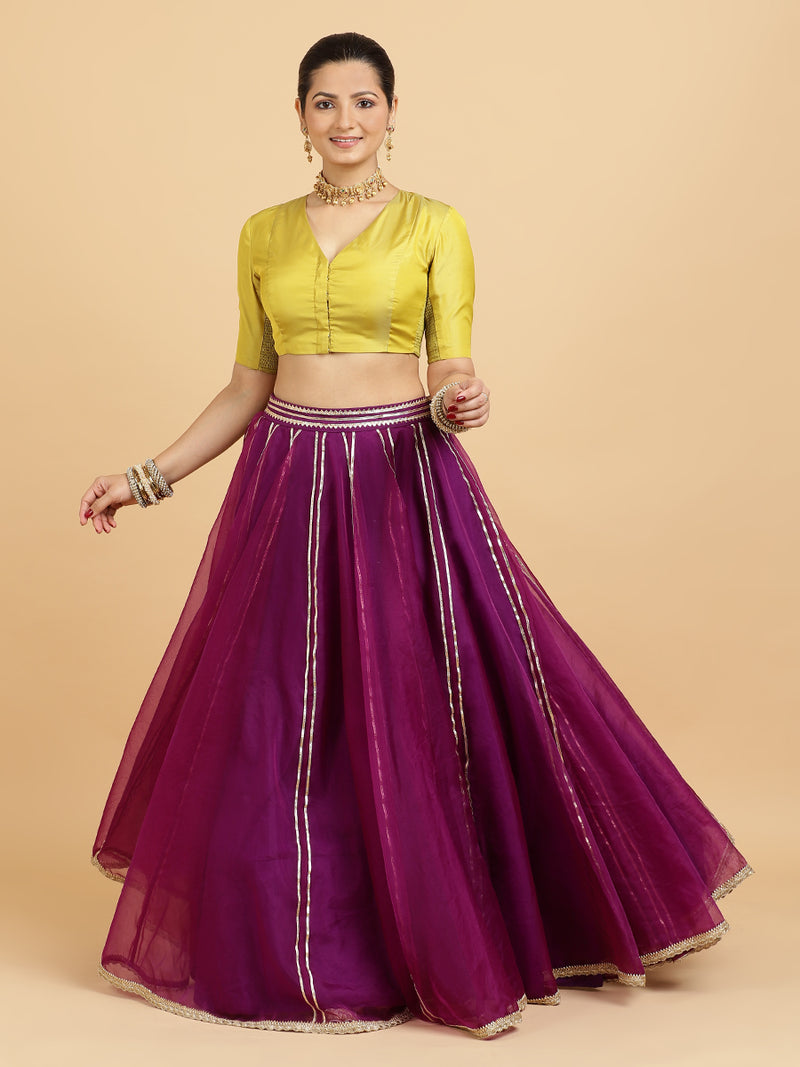Heer Begum 4-Pc Lehenga Set x Tyohaar | Purple Lehenga, Lemon Yellow Blouse with Falak Purple Dupatta and Cancan Skirt-Binks