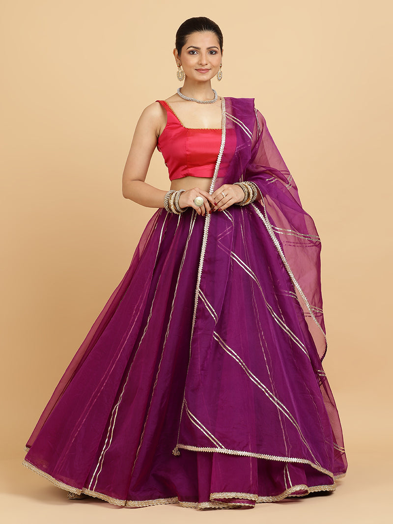 Heer Zeba 4-Pc Lehenga Set x Tyohaar | Purple Lehenga, Rani Pink Blouse with Falak Purple Dupatta and Cancan Skirt-Binks