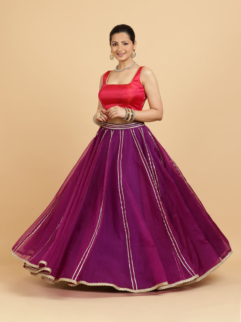 Heer Zeba 4-Pc Lehenga Set x Tyohaar | Purple Lehenga, Rani Pink Blouse with Falak Purple Dupatta and Cancan Skirt-Binks