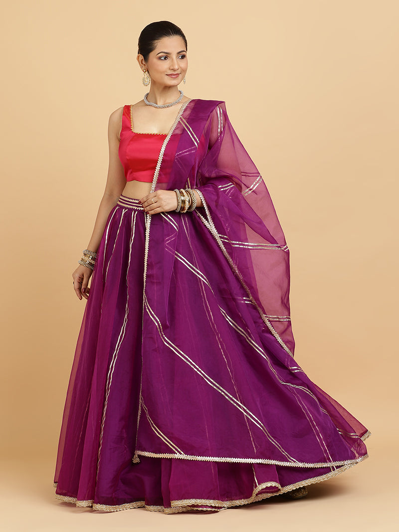 Heer Zeba 4-Pc Lehenga Set x Tyohaar | Purple Lehenga, Rani Pink Blouse with Falak Purple Dupatta and Cancan Skirt-Binks