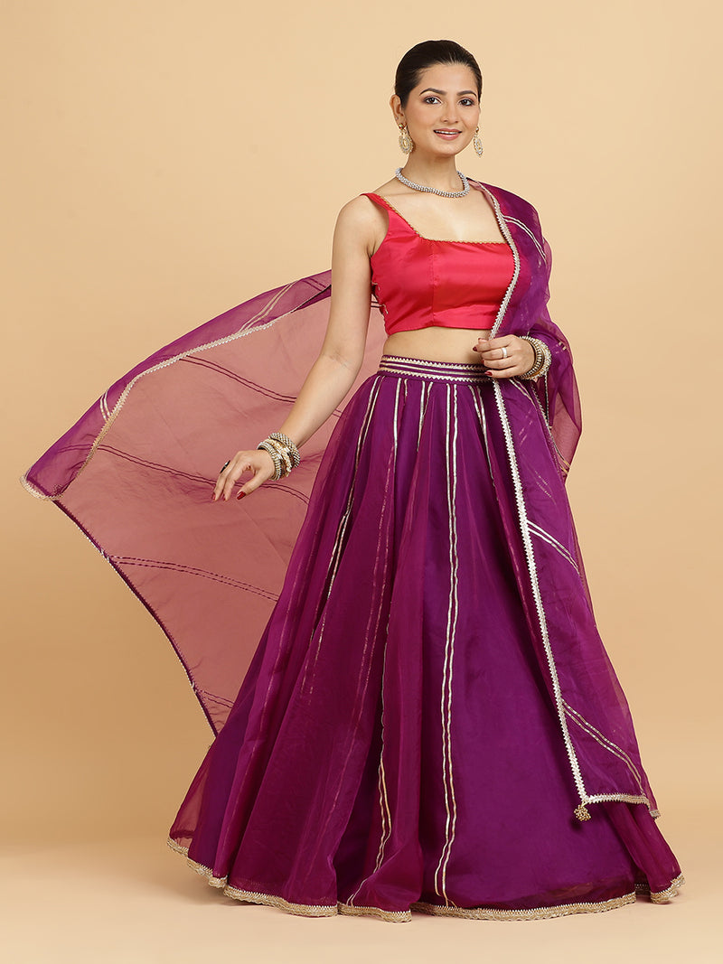 Heer Zeba 4-Pc Lehenga Set x Tyohaar | Purple Lehenga, Rani Pink Blouse with Falak Purple Dupatta and Cancan Skirt-Binks