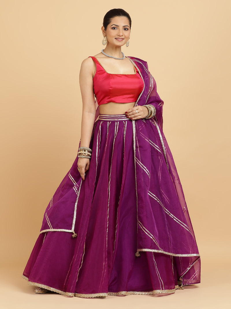 Heer Zeba 4-Pc Lehenga Set x Tyohaar | Purple Lehenga, Rani Pink Blouse with Falak Purple Dupatta and Cancan Skirt-Binks