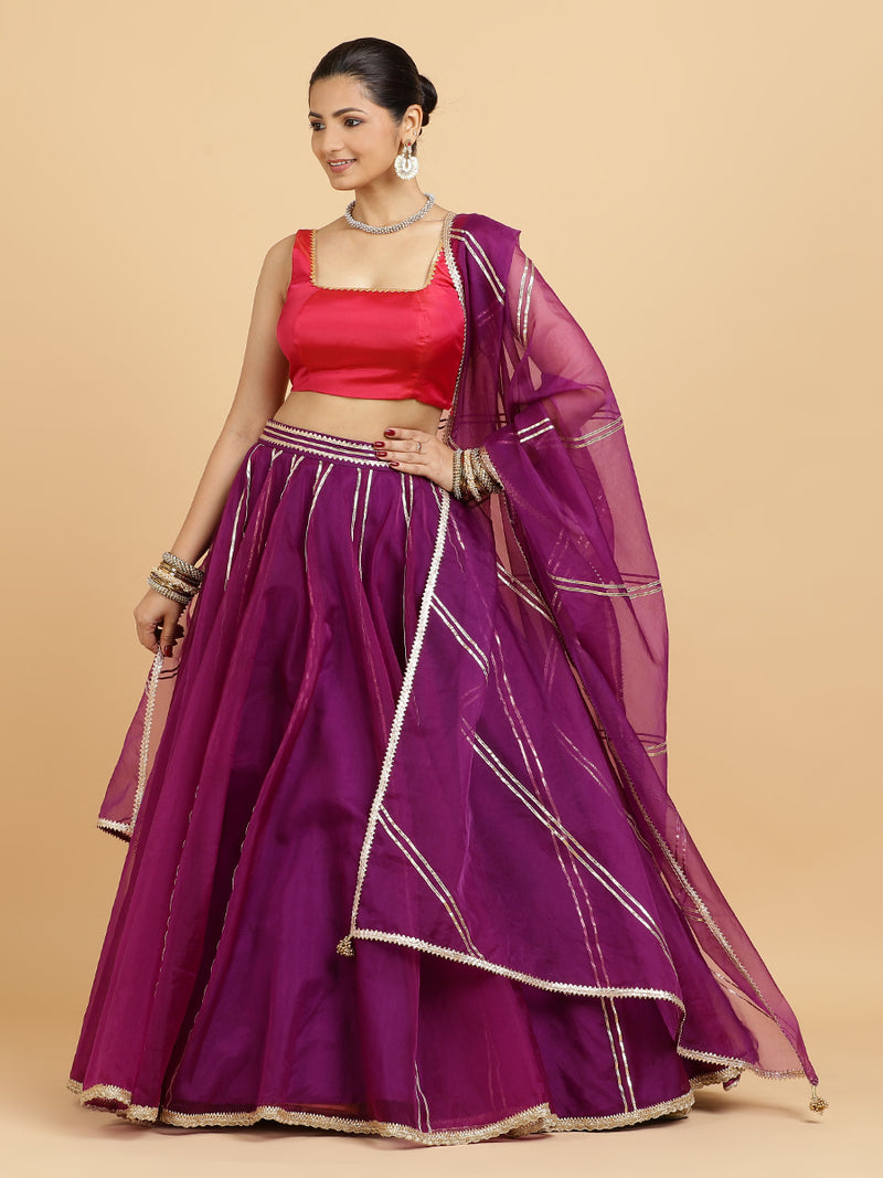 Heer Zeba 4-Pc Lehenga Set x Tyohaar | Purple Lehenga, Rani Pink Blouse with Falak Purple Dupatta and Cancan Skirt-Binks