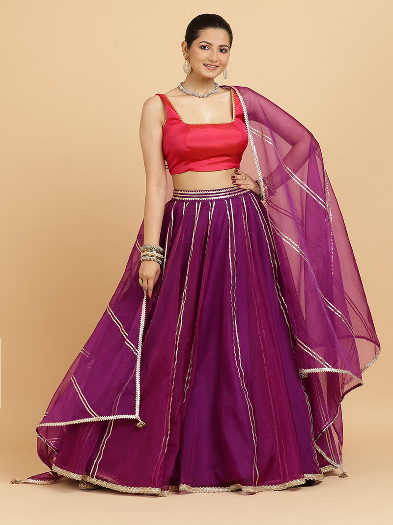 Heer Zeba 4-Pc Lehenga Set x Tyohaar | Purple Lehenga, Rani Pink Blouse with Falak Purple Dupatta and Cancan Skirt-Binks