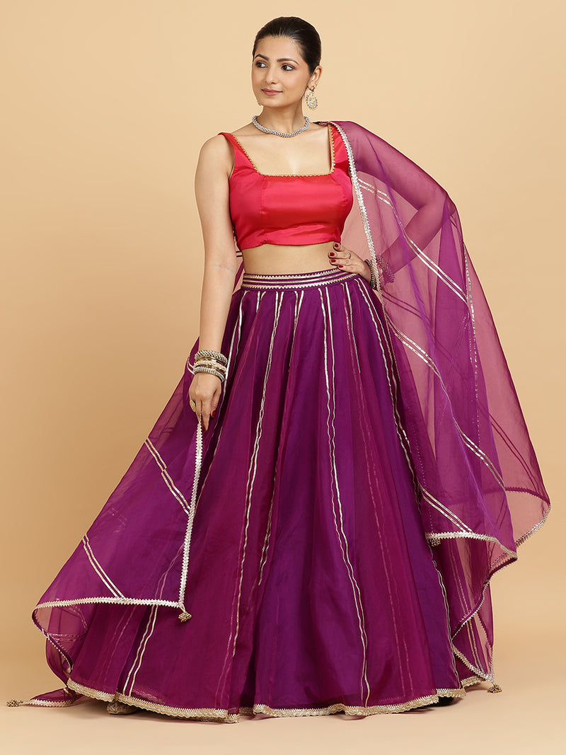 Heer Zeba 4-Pc Lehenga Set x Tyohaar | Purple Lehenga, Rani Pink Blouse with Falak Purple Dupatta and Cancan Skirt-Binks