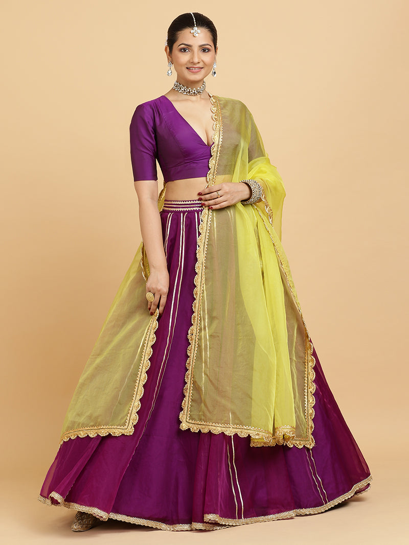 Heer Zeenat 4-Pc Lehenga Set x Tyohaar | Purple Lehenga, Purple Blouse with Saher Lemon Yellow Dupatta and Cancan Skirt-Binks