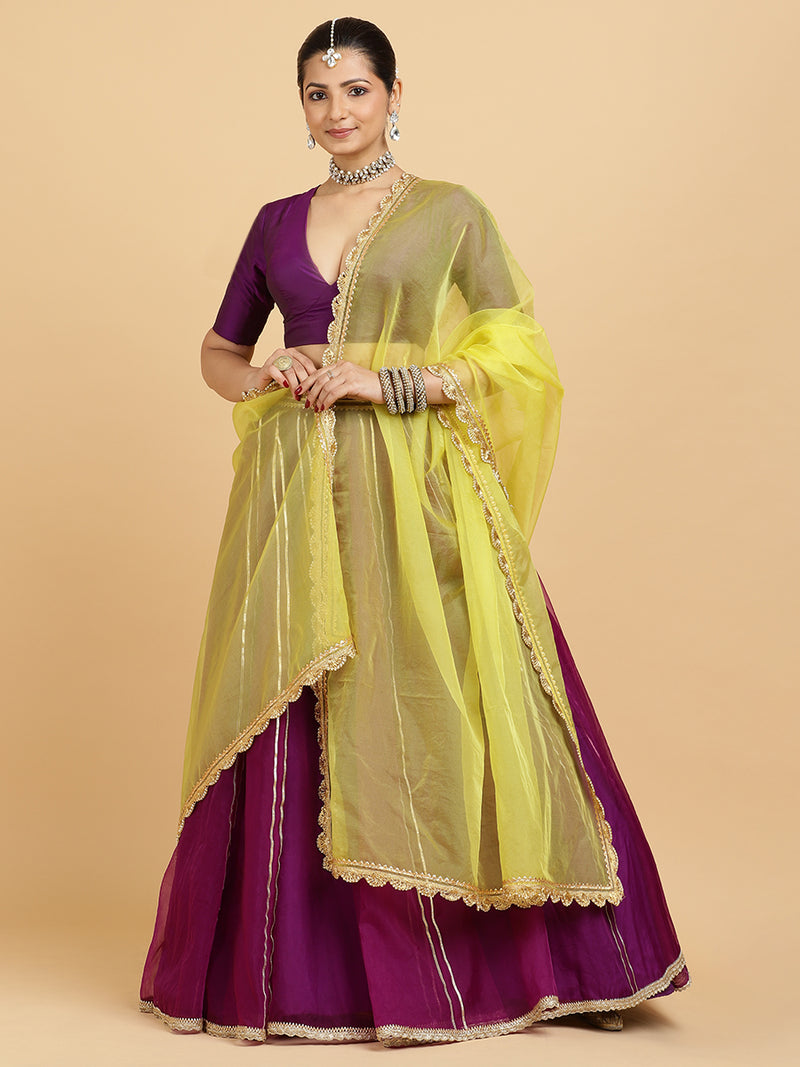 Heer Zeenat 4-Pc Lehenga Set x Tyohaar | Purple Lehenga, Purple Blouse with Saher Lemon Yellow Dupatta and Cancan Skirt-Binks