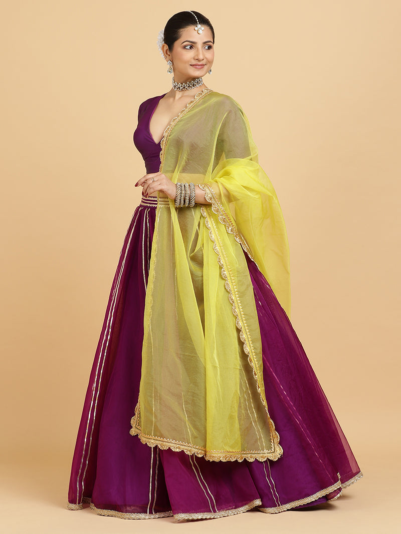 Heer Zeenat 4-Pc Lehenga Set x Tyohaar | Purple Lehenga, Purple Blouse with Saher Lemon Yellow Dupatta and Cancan Skirt-Binks