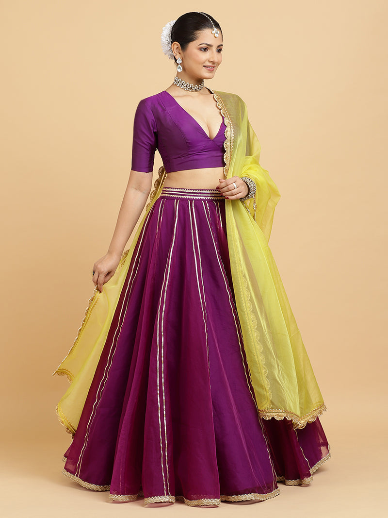 Heer Zeenat 4-Pc Lehenga Set x Tyohaar | Purple Lehenga, Purple Blouse with Saher Lemon Yellow Dupatta and Cancan Skirt-Binks