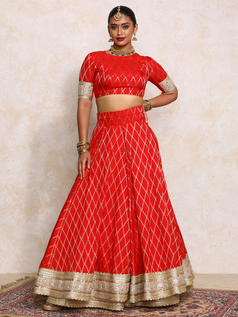 Hoor x Tyohaar | Berry Red Vine Mesh Brocade FlareFit™ Lehenga Set-Binks