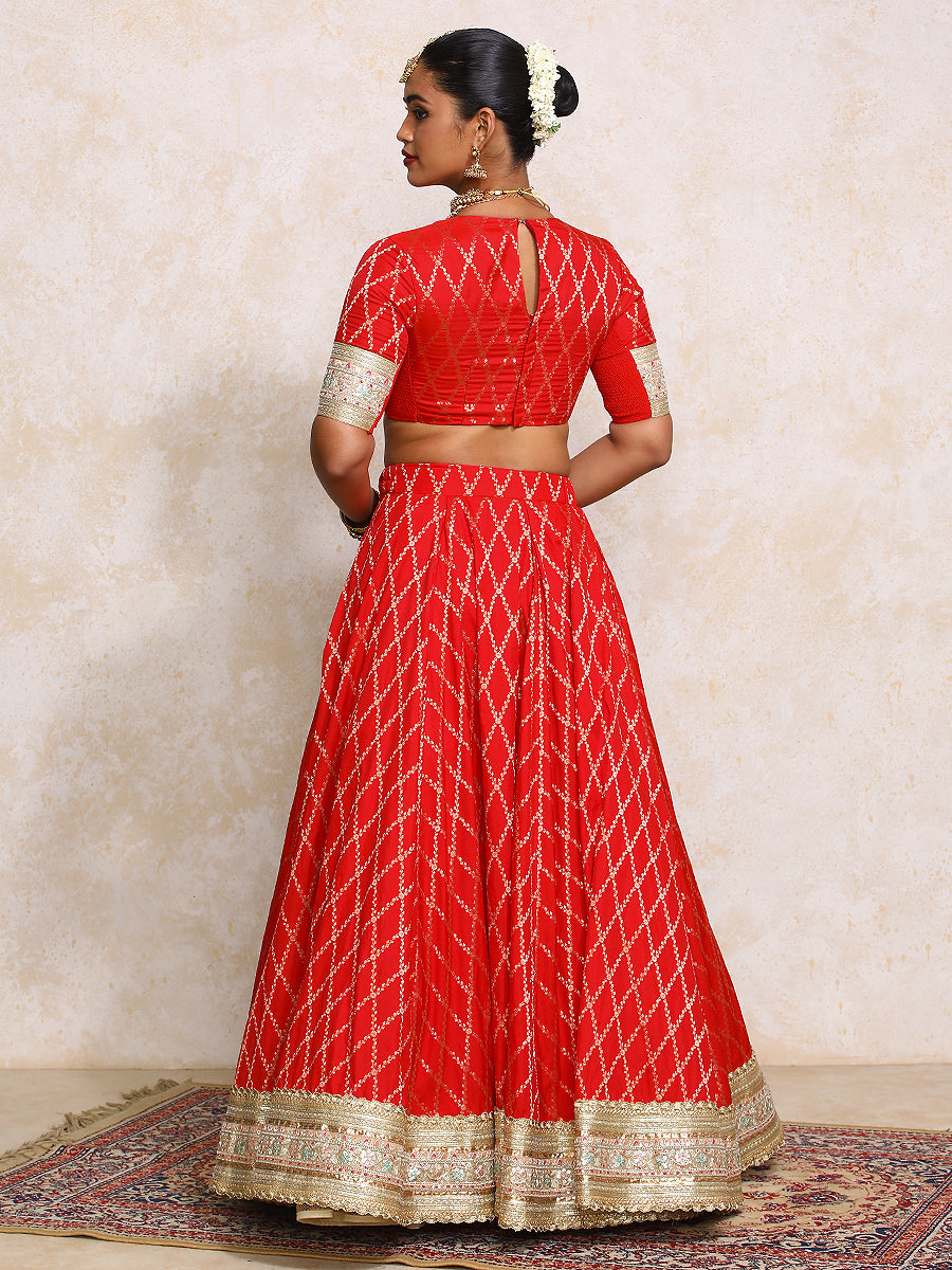 Hoor x Tyohaar Lehenga Set, in Red Viscose Silk Brocade, featuring elbow sleeves and jewel neckline (view 2).
