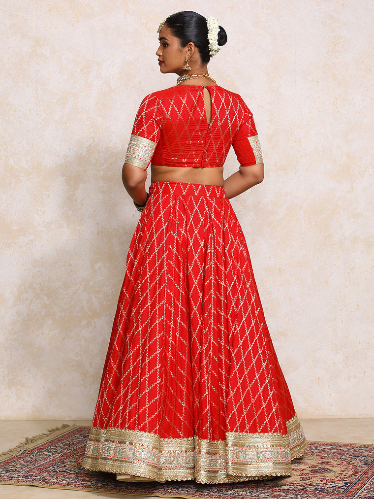 Hoor x Tyohaar Lehenga Set, in Red Viscose Silk Brocade, featuring elbow sleeves and jewel neckline (view 2).