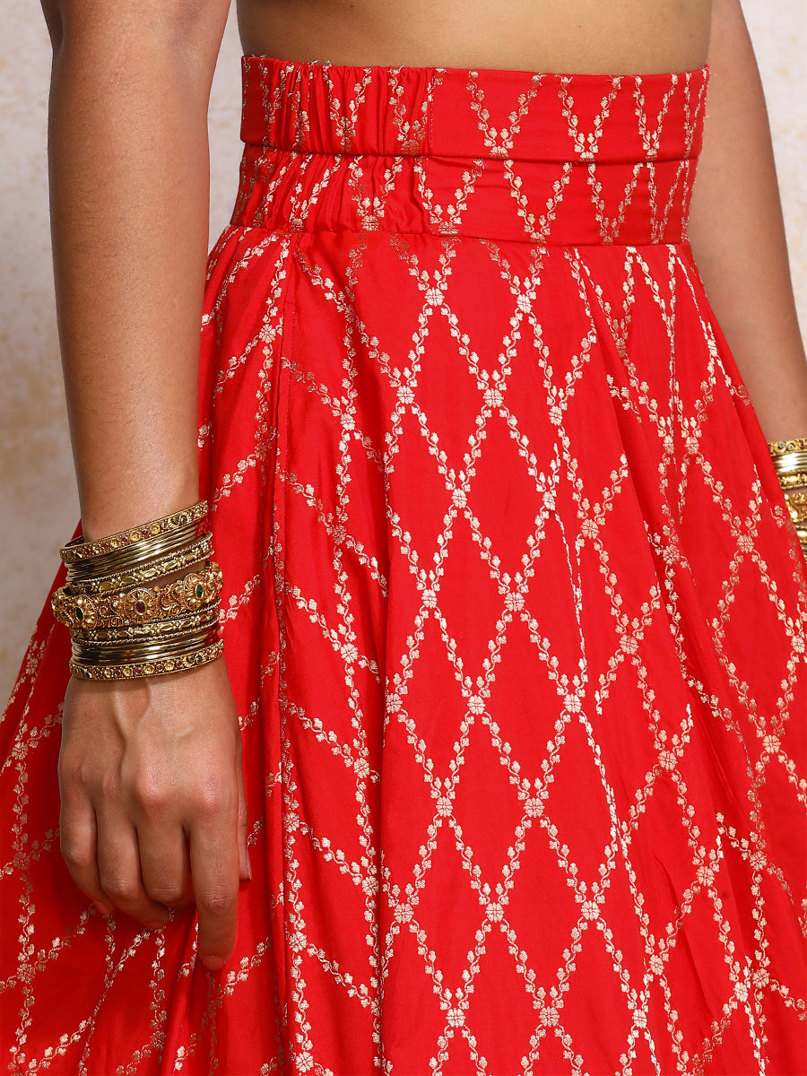 Hoor x Tyohaar Lehenga Set, in Red Viscose Silk Brocade, featuring elbow sleeves and jewel neckline (view 3).