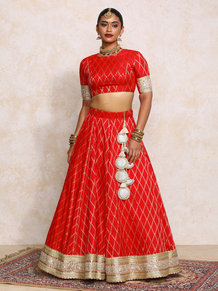Hoor x Tyohaar Lehenga Set, in Red Viscose Silk Brocade, featuring elbow sleeves and jewel neckline (view 8).