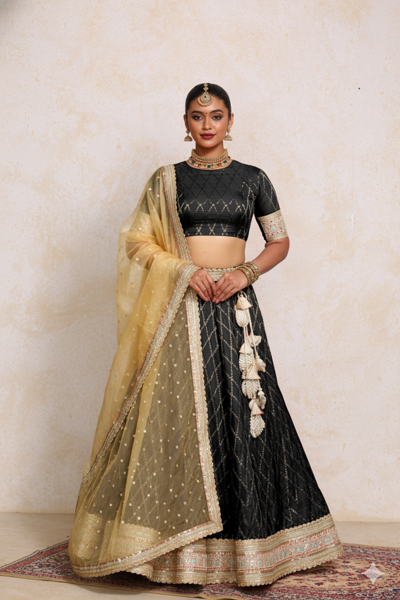 Hoor x Tyohaar | Cosmic Black Vine Mesh Brocade FlareFit™ Lehenga Set with Dupatta-Binks