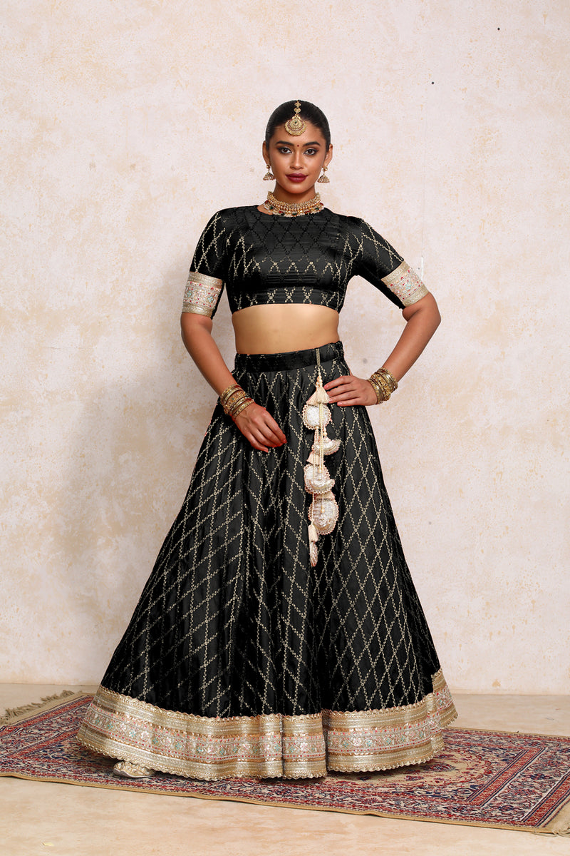 Hoor x Tyohaar | Cosmic Black Vine Mesh Brocade FlareFit™ Lehenga Set with Dupatta-Binks