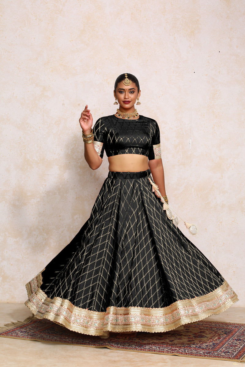 Hoor x Tyohaar | Cosmic Black Vine Mesh Brocade FlareFit™ Lehenga Set with Dupatta-Binks