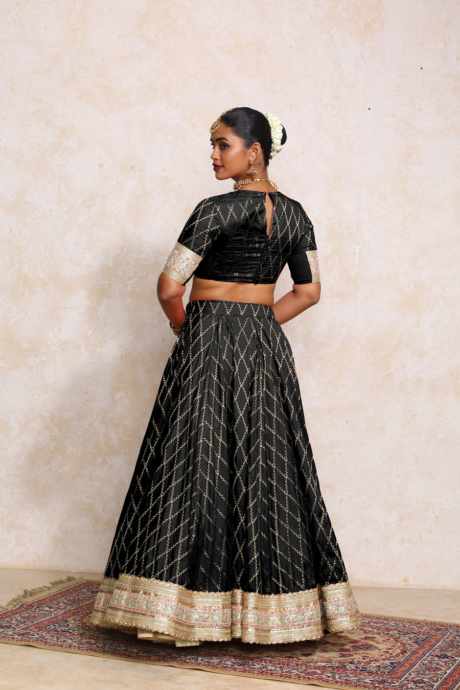 Hoor x Tyohaar Lehenga Set, in Black Viscose Silk Brocade, featuring elbow sleeves and jewel neckline (view 2).