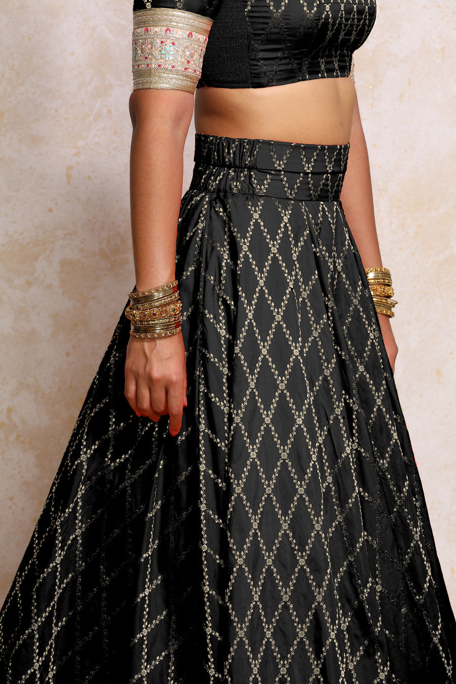 Hoor x Tyohaar Lehenga Set, in Black Viscose Silk Brocade, featuring elbow sleeves and jewel neckline (view 3).