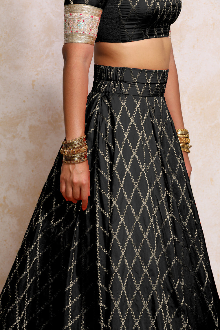 Hoor x Tyohaar Lehenga Set, in Black Viscose Silk Brocade, featuring elbow sleeves and jewel neckline (view 3).