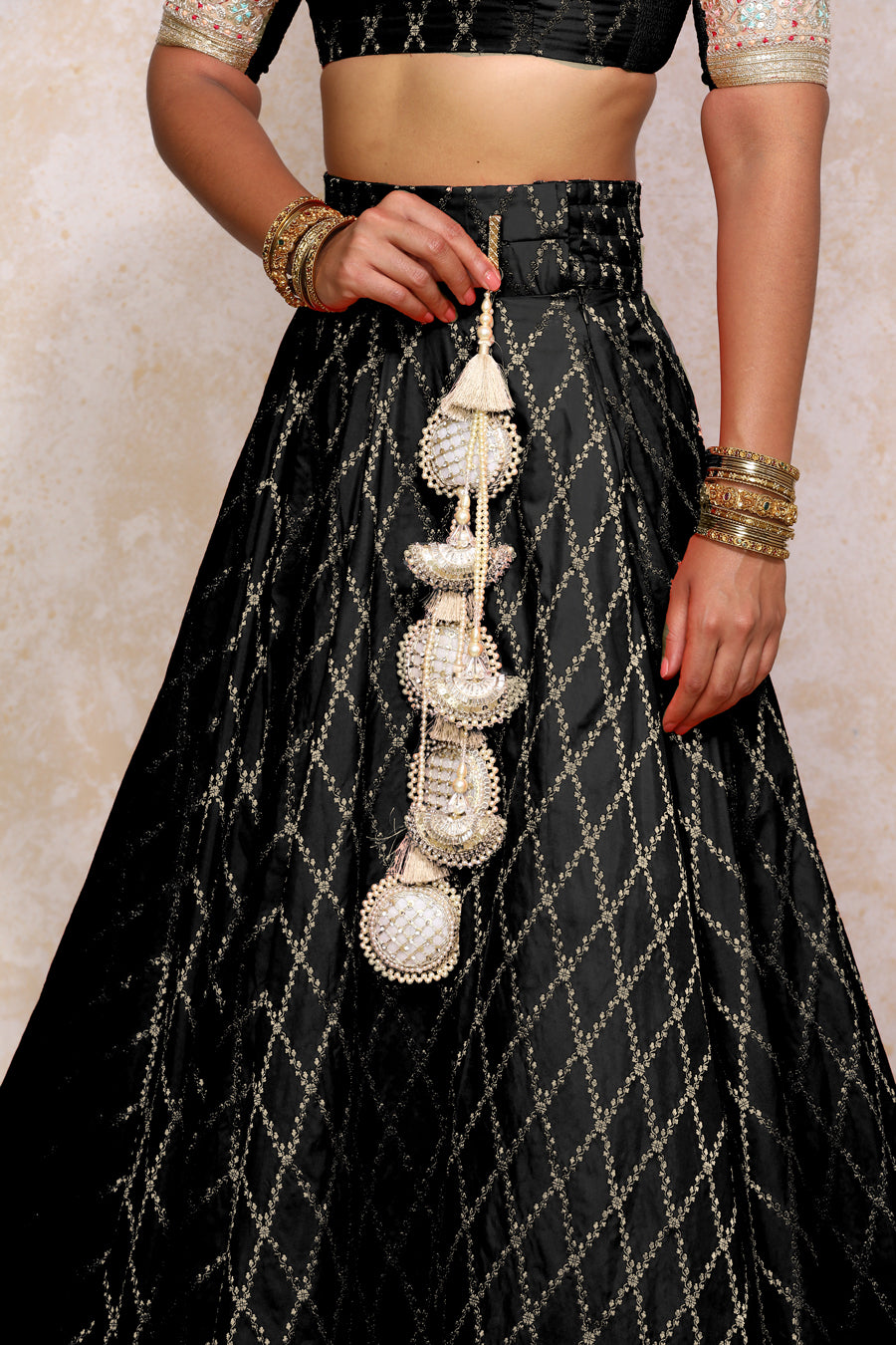 Hoor x Tyohaar Lehenga Set, in Black Viscose Silk Brocade, featuring elbow sleeves and jewel neckline (view 6).