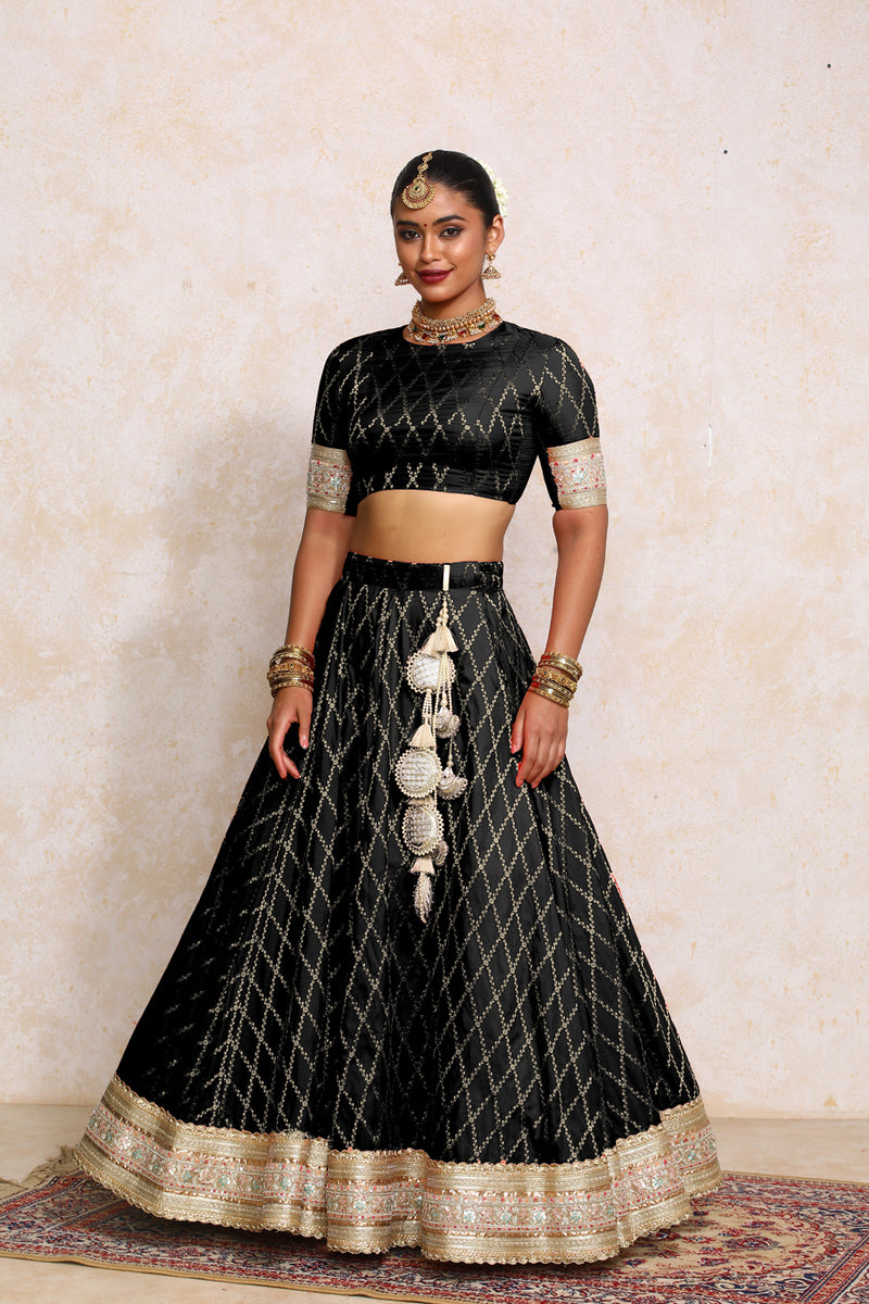 Hoor x Tyohaar | Cosmic Black Vine Mesh Brocade FlareFit™ Lehenga Set with Dupatta-Binks