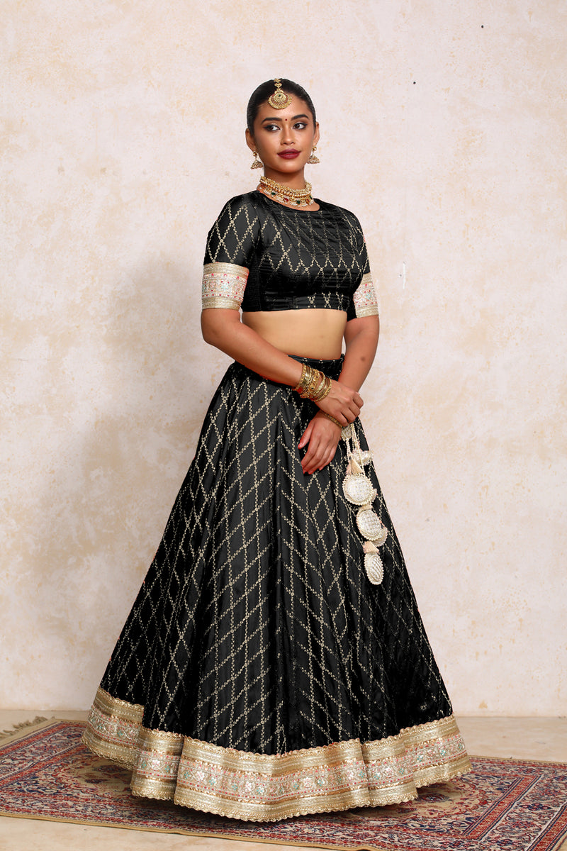 Hoor x Tyohaar | Cosmic Black Vine Mesh Brocade FlareFit™ Lehenga Set with Dupatta-Binks