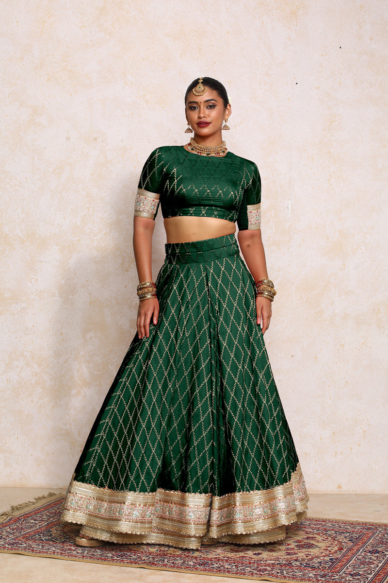 Hoor x Tyohaar | Dark Green Vine Mesh Brocade FlareFit™ Lehenga Set with Dupatta-Binks