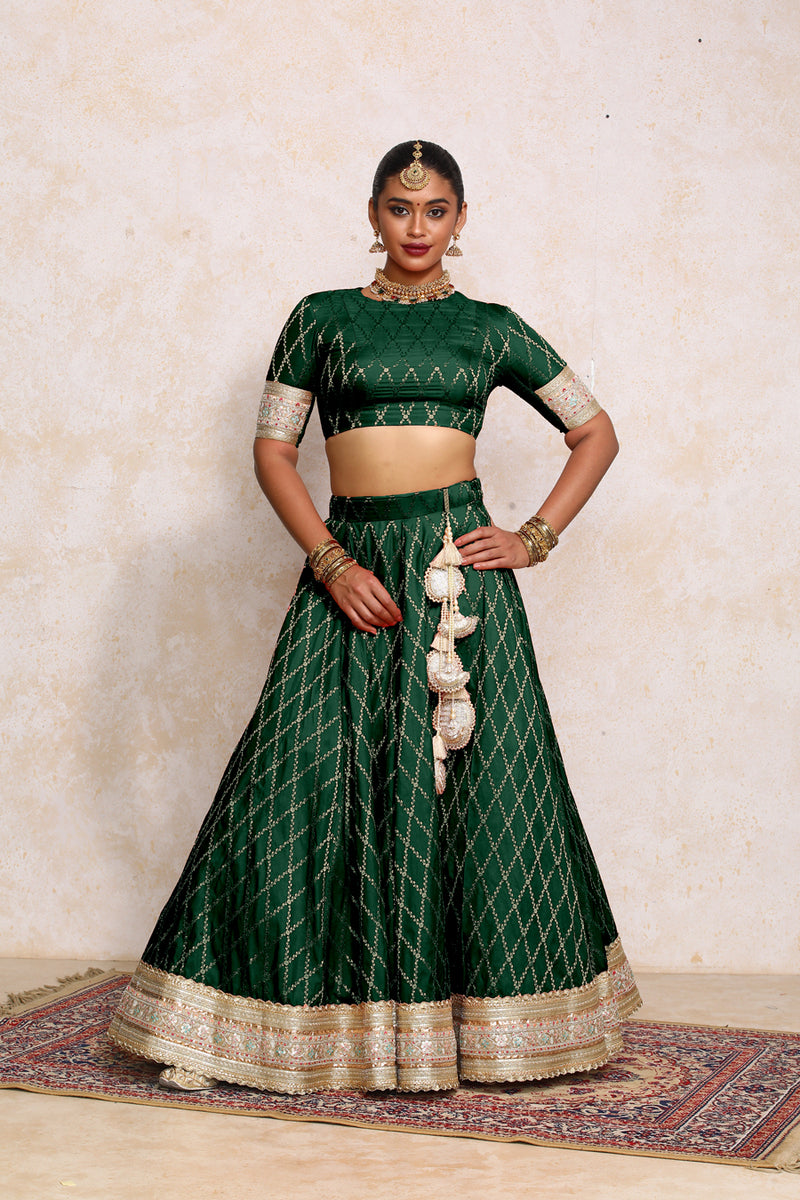 Hoor x Tyohaar | Dark Green Vine Mesh Brocade FlareFit™ Lehenga Set with Dupatta-Binks