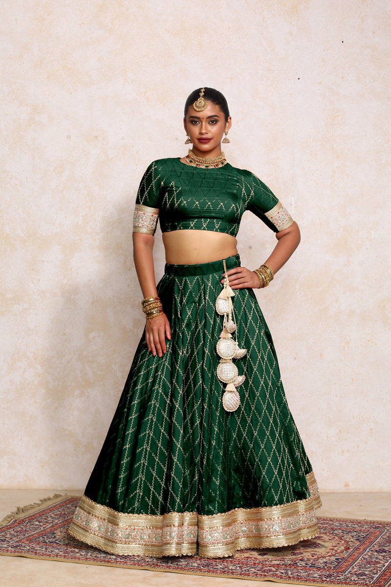 Hoor x Tyohaar | Dark Green Vine Mesh Brocade FlareFit™ Lehenga Set with Dupatta-Binks