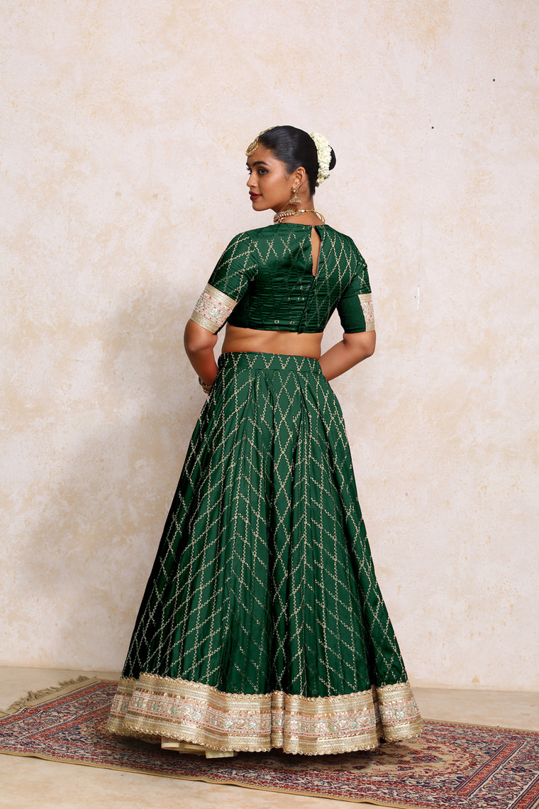 Hoor x Tyohaar Lehenga Set, in Green Viscose Silk Brocade, featuring elbow sleeves and jewel neckline (view 2).