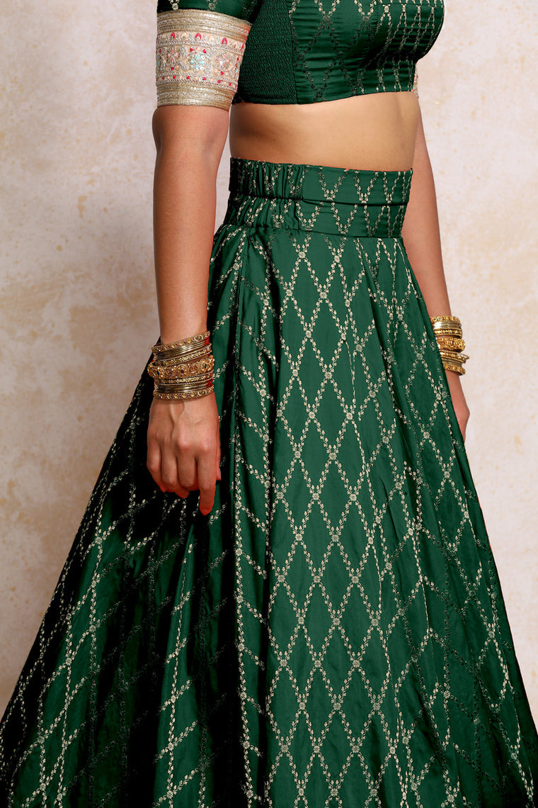 Hoor x Tyohaar Lehenga Set, in Green Viscose Silk Brocade, featuring elbow sleeves and jewel neckline (view 3).