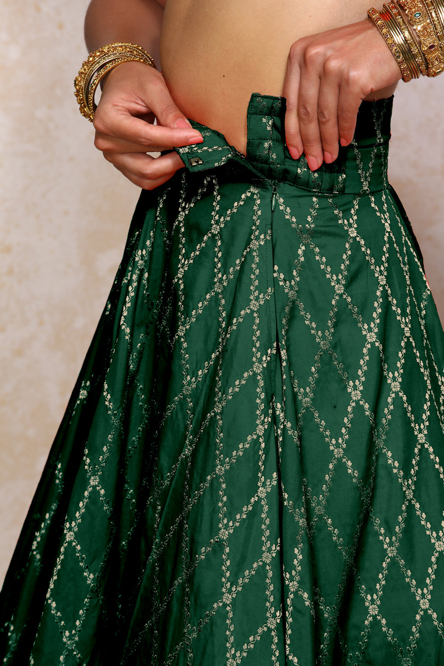 Hoor x Tyohaar Lehenga Set, in Green Viscose Silk Brocade, featuring elbow sleeves and jewel neckline (view 4).
