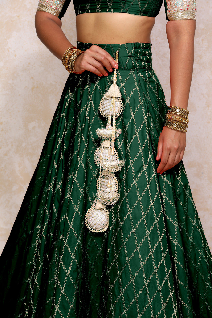 Hoor x Tyohaar Lehenga Set, in Green Viscose Silk Brocade, featuring elbow sleeves and jewel neckline (view 6).