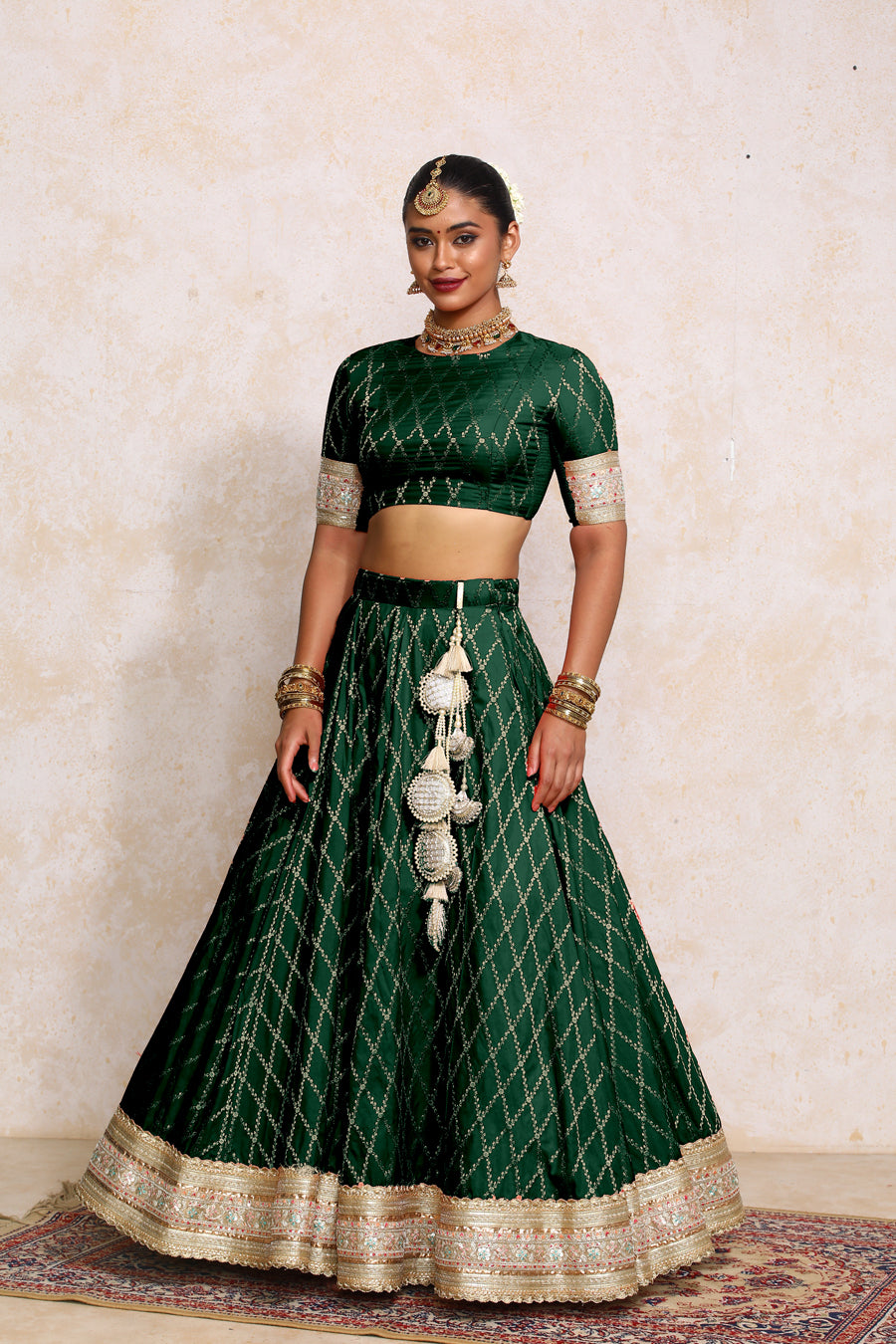 Hoor x Tyohaar Lehenga Set, in Green Viscose Silk Brocade, featuring elbow sleeves and jewel neckline (view 7).