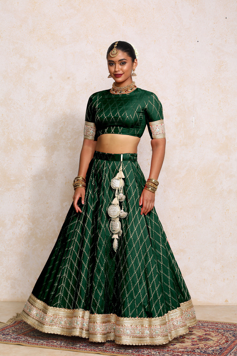 Hoor x Tyohaar | Dark Green Vine Mesh Brocade FlareFit™ Lehenga Set with Dupatta-Binks