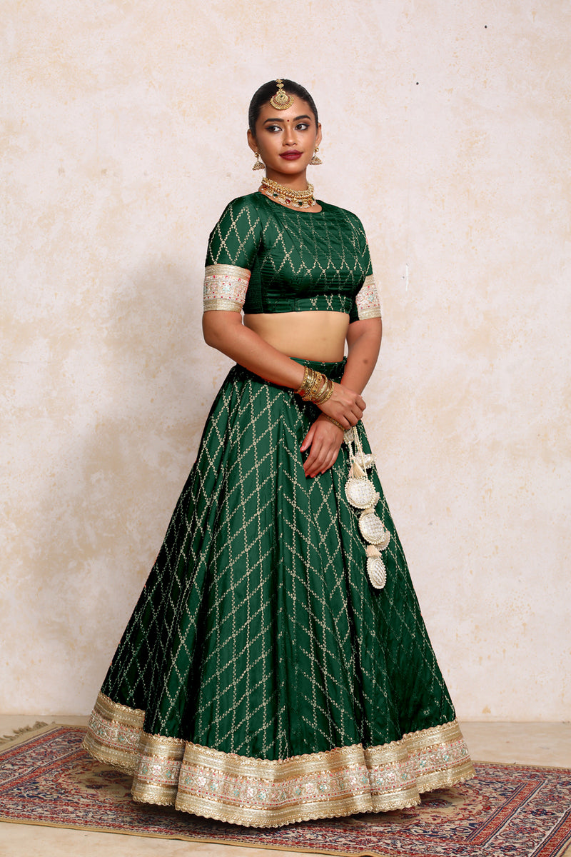Hoor x Tyohaar | Dark Green Vine Mesh Brocade FlareFit™ Lehenga Set with Dupatta-Binks