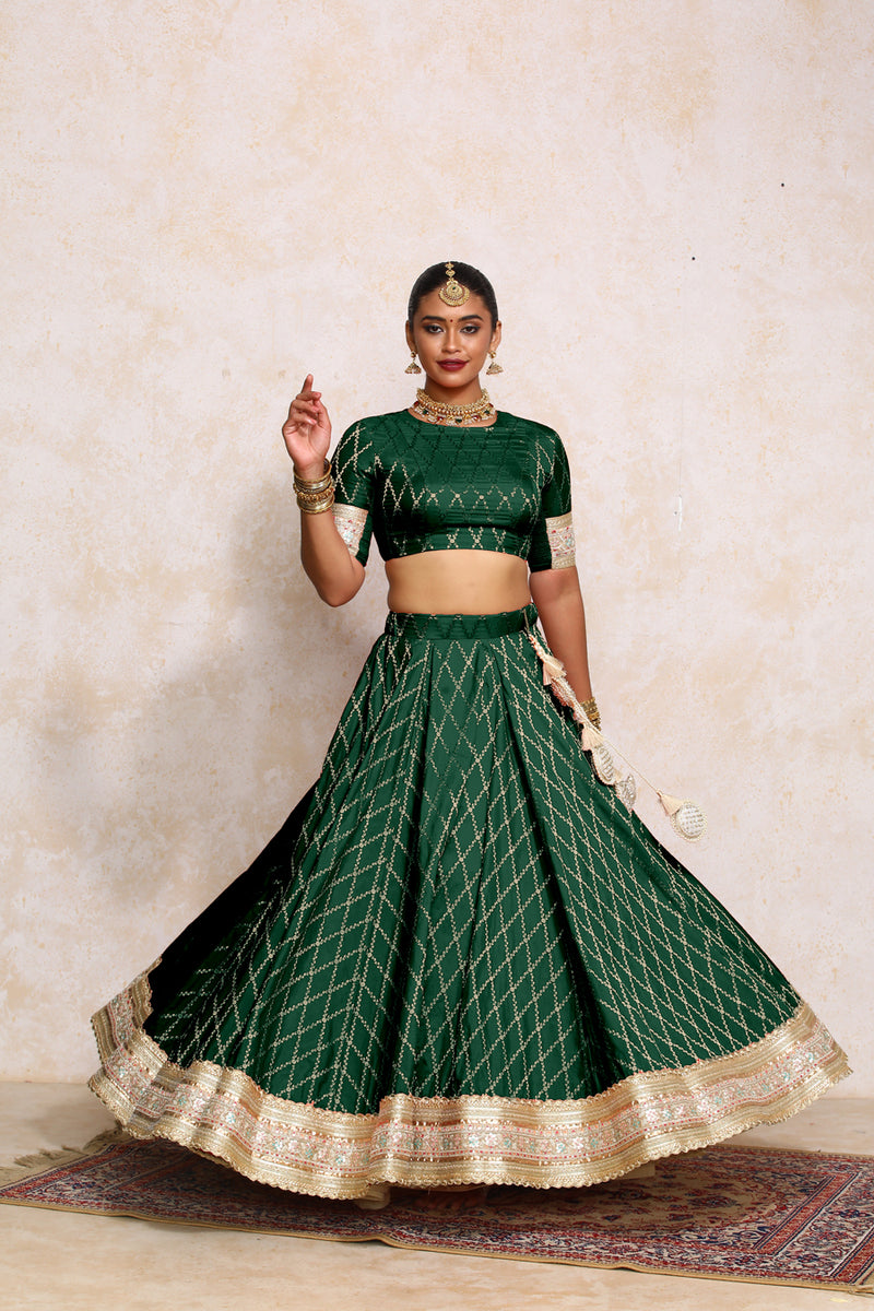 Hoor x Tyohaar | Dark Green Vine Mesh Brocade FlareFit™ Lehenga Set with Dupatta-Binks