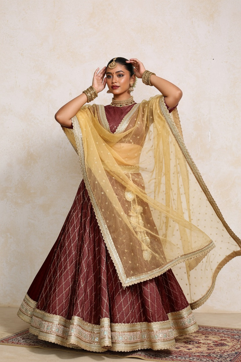 Hoor x Tyohaar Lehenga Set, in Maroon Viscose Silk Brocade, featuring elbow sleeves and jewel neckline.