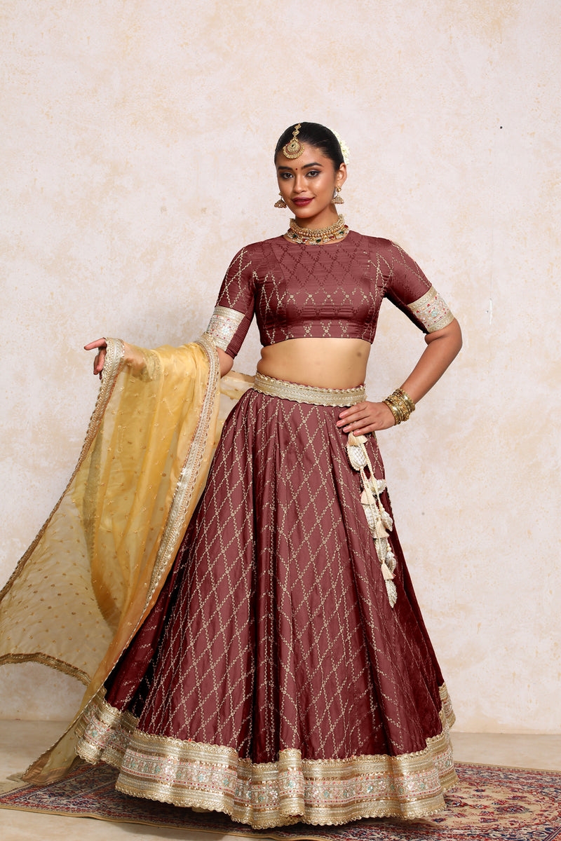 Hoor x Tyohaar | Deep Burgundy Vine Mesh Brocade FlareFit™ Lehenga Set with Dupatta-Binks