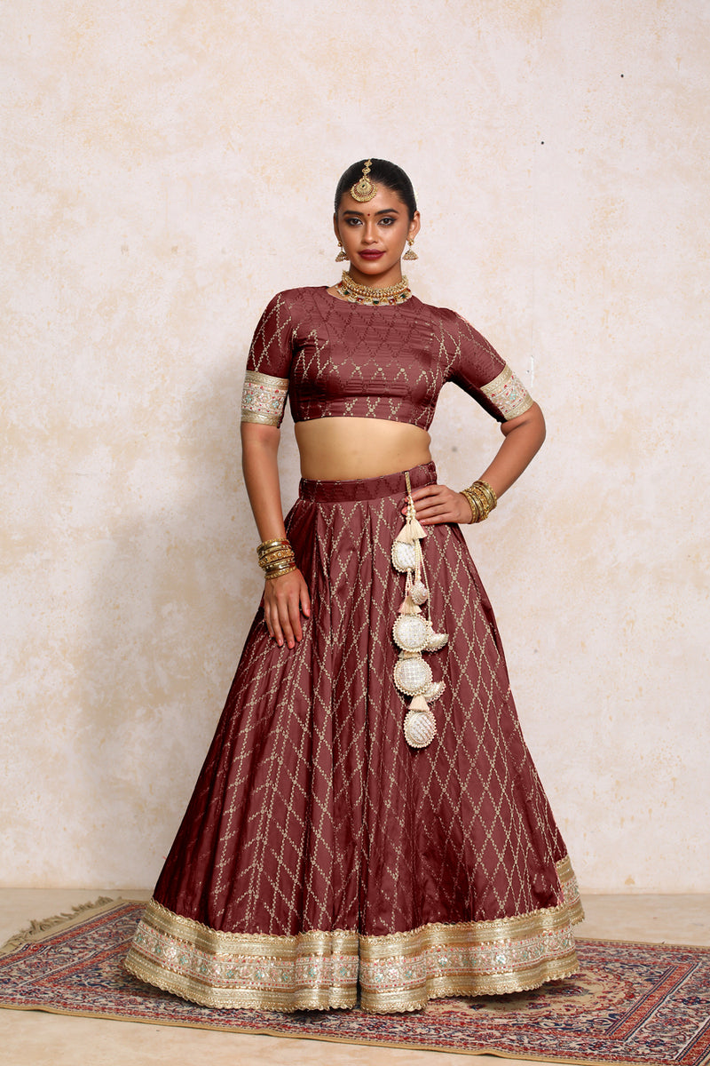 Hoor x Tyohaar | Deep Burgundy Vine Mesh Brocade FlareFit™ Lehenga Set with Dupatta-Binks